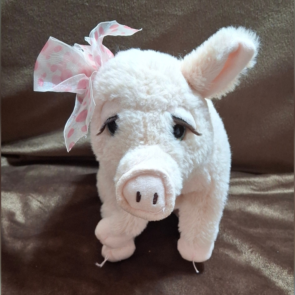 The Petting Zoo Plush Lash'z Pink Pig Pink Poka-dot Bow Blue Glittery Eyes